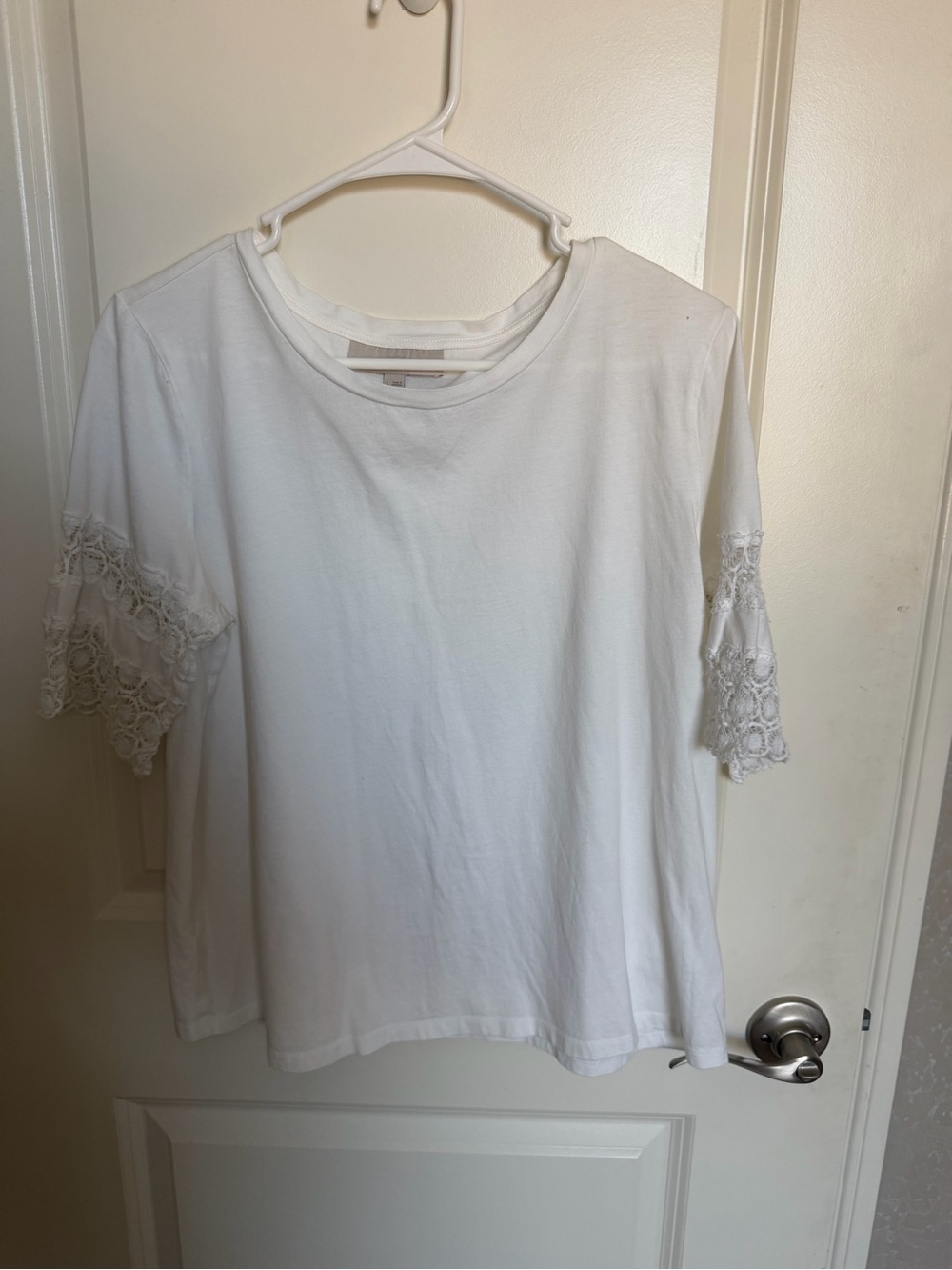 LOFT White Short Sleeve Tee with Crochet Lace Sleeves